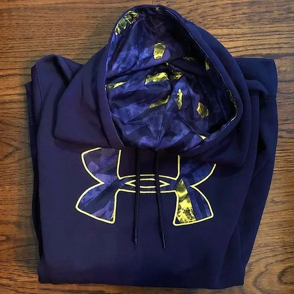 UNDER ARMOUR Men's Navy Blue Hoodie With Yellow & Blue Chest Logo Sz Large